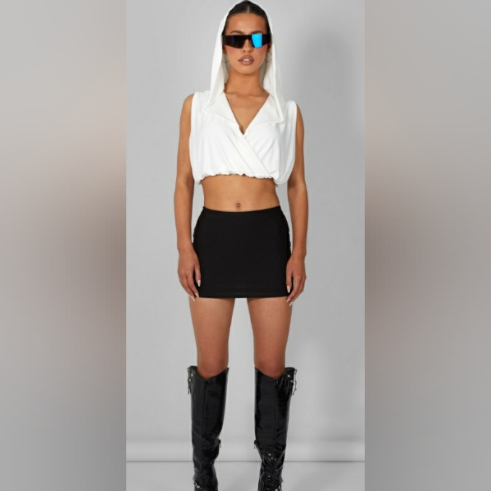Sleeveless wrap front top with hood